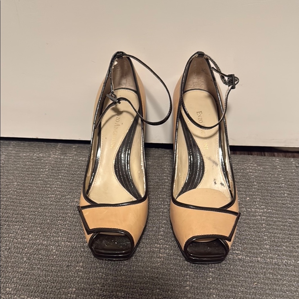 Enzo Angiolini Tan and Black Peep-Toe Heels